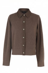 Mixed-Stitch Collared Knit Cardigan (Navy & Brown)