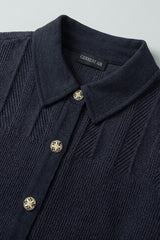 Mixed-Stitch Collared Knit Cardigan (Navy & Brown)