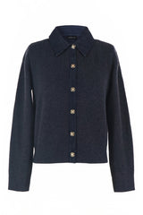 Mixed-Stitch Collared Knit Cardigan (Navy & Brown)