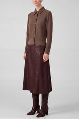 Mixed-Stitch Collared Knit Cardigan (Navy & Brown)