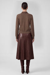 Mixed-Stitch Collared Knit Cardigan (Navy & Brown)