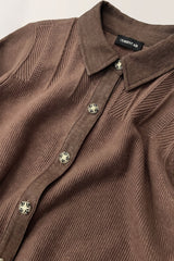 Mixed-Stitch Collared Knit Cardigan (Navy & Brown)