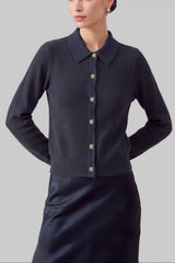 Mixed-Stitch Collared Knit Cardigan (Navy & Brown)