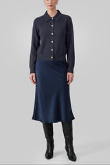 Mixed-Stitch Collared Knit Cardigan (Navy & Brown)