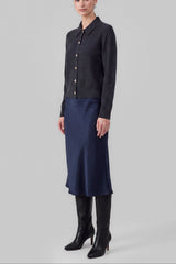 Mixed-Stitch Collared Knit Cardigan (Navy & Brown)