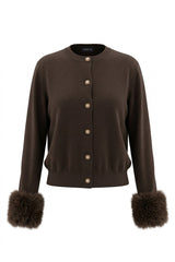 Faux Fur Cuff Knit Cardigan (Espresso & Ivory)
