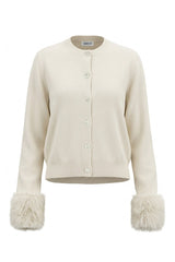 Faux Fur Cuff Knit Cardigan (Espresso & Ivory)