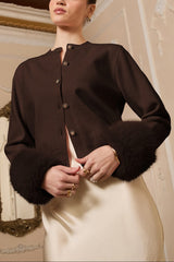 Faux Fur Cuff Knit Cardigan (Espresso & Ivory)