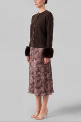 Faux Fur Cuff Knit Cardigan (Espresso & Ivory)