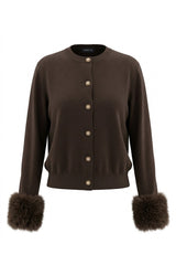 Faux Fur Cuff Knit Cardigan (Espresso & Ivory)