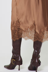 Mocha Lace Satin Midi Skirt