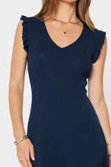 Navy Ribbed Knit Midi Dress