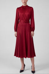 Satin Mock Neck Belted Midi Dress