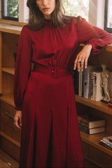 Satin Mock Neck Belted Midi Dress