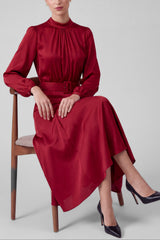 Satin Mock Neck Belted Midi Dress