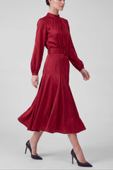 Satin Mock Neck Belted Midi Dress