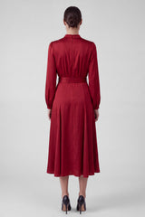 Satin Mock Neck Belted Midi Dress