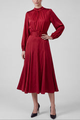 Satin Mock Neck Belted Midi Dress
