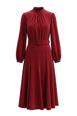 Satin Mock Neck Belted Midi Dress