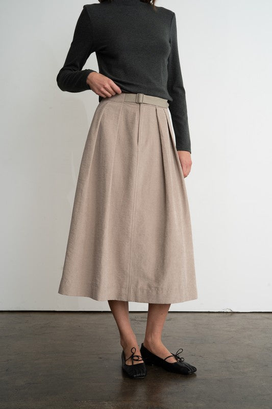 Pleated Belted Midi Skirt