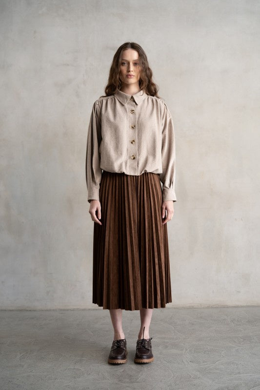 Brown Pleated Midi Skirt