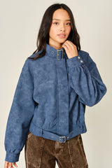 Vintage Faux Leather Belted Bomber Jacket