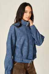 Vintage Faux Leather Belted Bomber Jacket