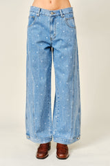 Polka Dot Curved Seam Denim Pants