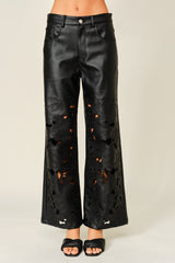 Floral Cutout Vegan Leather Wide Leg Pants
