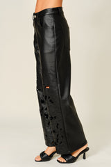 Floral Cutout Vegan Leather Wide Leg Pants