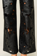 Floral Cutout Vegan Leather Wide Leg Pants