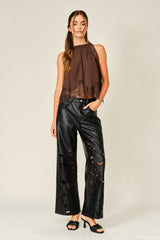 Floral Cutout Vegan Leather Wide Leg Pants