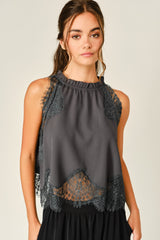 Ruffle Neck Floral Lace Sleeveless Top