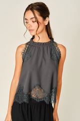 Ruffle Neck Floral Lace Sleeveless Top
