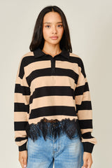 Striped Polo Sweatshirt with Lace Trim