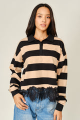 Striped Polo Sweatshirt with Lace Trim