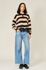 Striped Polo Sweatshirt with Lace Trim