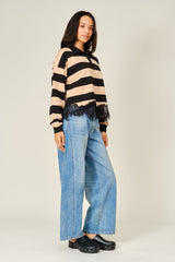 Striped Polo Sweatshirt with Lace Trim