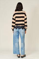 Striped Polo Sweatshirt with Lace Trim