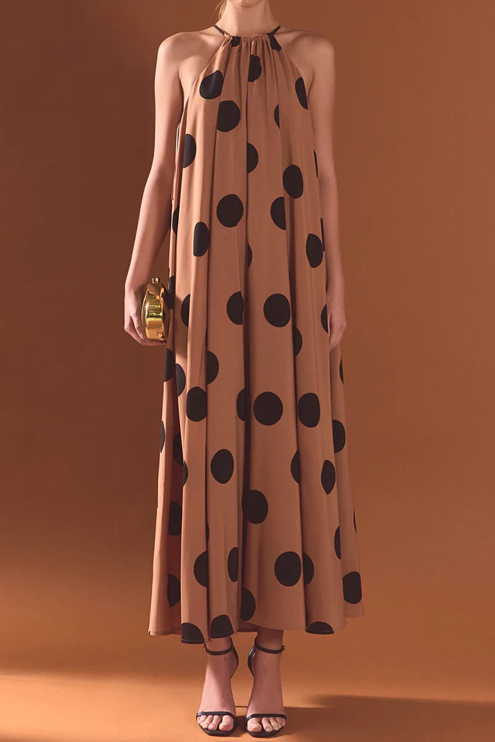 evyn halter maxi dress polka dot Sleeveless woven polka dot print halter maxi dress with lining and poc   Ivy and Pearl Boutique