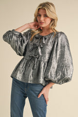 Metallic Bow Tie Peplum Top