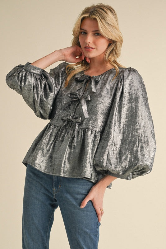 Metallic Bow Tie Peplum Top