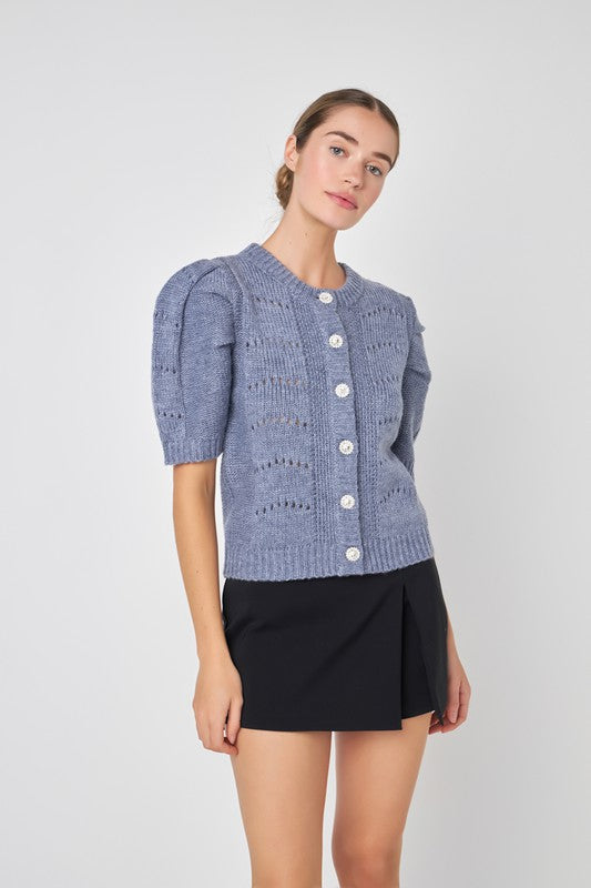 Short Puff Sleeve Knit Cardigan