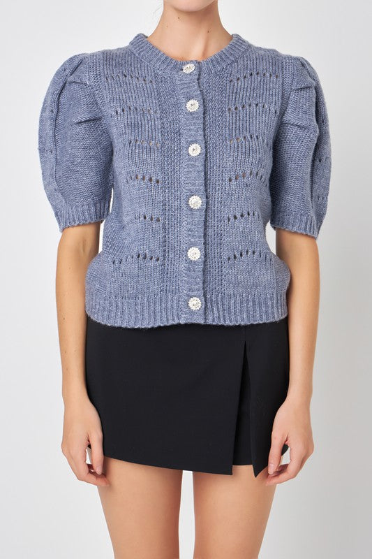 Short Puff Sleeve Knit Cardigan