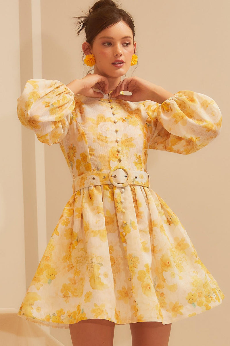 Yellow Floral Mock Neck Dress