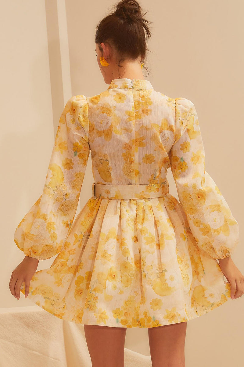 Yellow Floral Mock Neck Dress