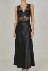 Midnight Lace Satin Midi Dress