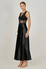Midnight Lace Satin Midi Dress