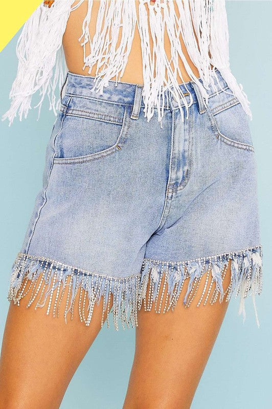 Rhinestone Hem Fringe Shorts