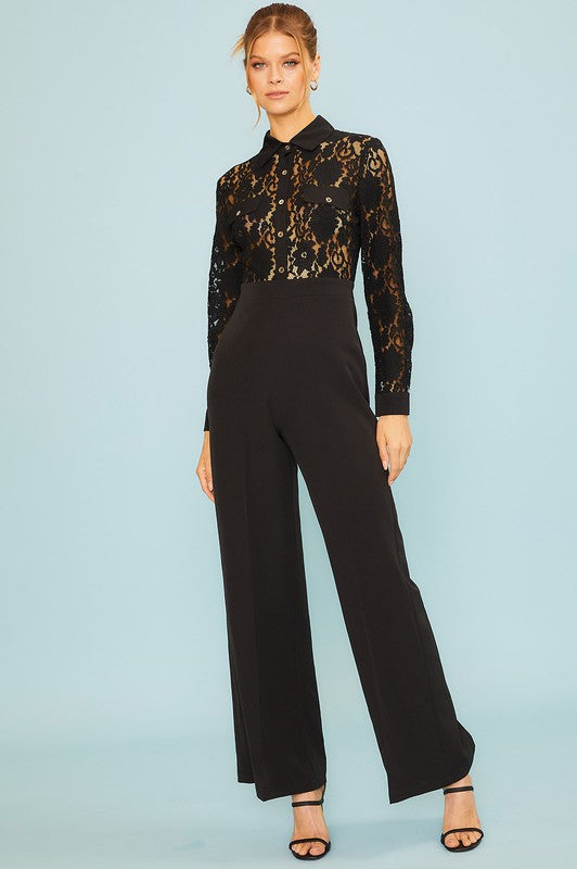 Lace Top Solid Bottom Jumpsuit (Black or White)
